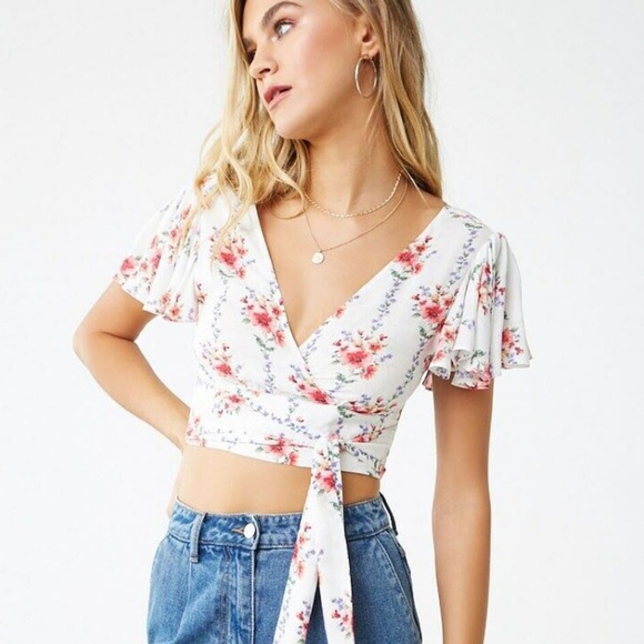 Forever 21 Tops - Forever 21 White Floral Wrap Tie Crop Top Blouse Ruffle Women’s Summer Spring